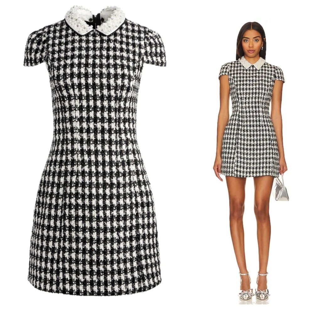 Alice + Olivia Velia Tweed Mini Dress Black Crystal Pearl Collar Size 10